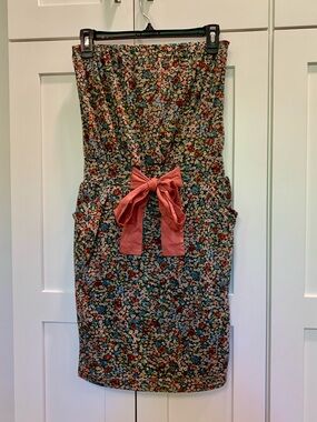 MNG MANGO Strapless Floral Mini Dress Size S Waist Bow Pockets Dressy Casual